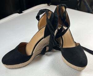 Brash Black Suede Lace-Up Espadrille Wedge Sandal Retro Boho Y2K